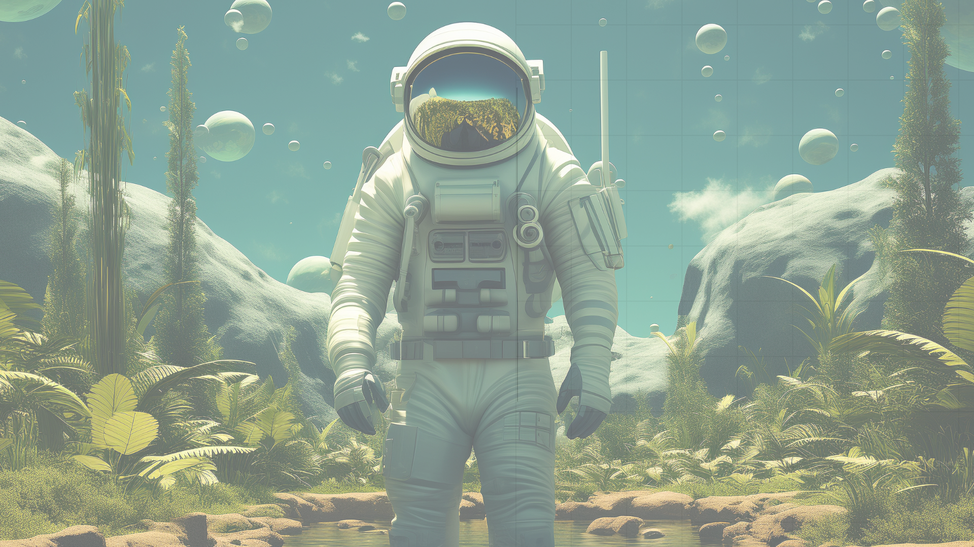 Astronaut walking in an alien landscape with floating spheres, rocky hills, and lush alien vegetation.