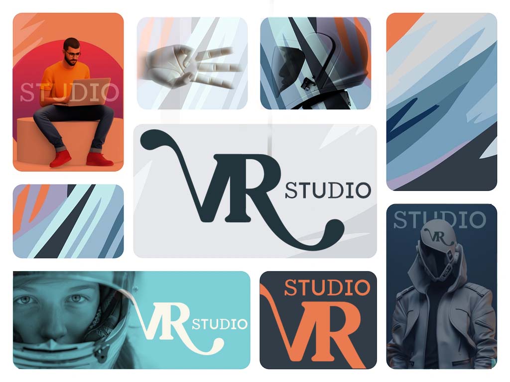Collage featuring VR Studio logos, a man using a laptop, hand showing three fingers, and two individuals in futuristic helmets.