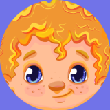 Illustration of a smiling child's face with curly orange hair and big blue eyes on a purple background.