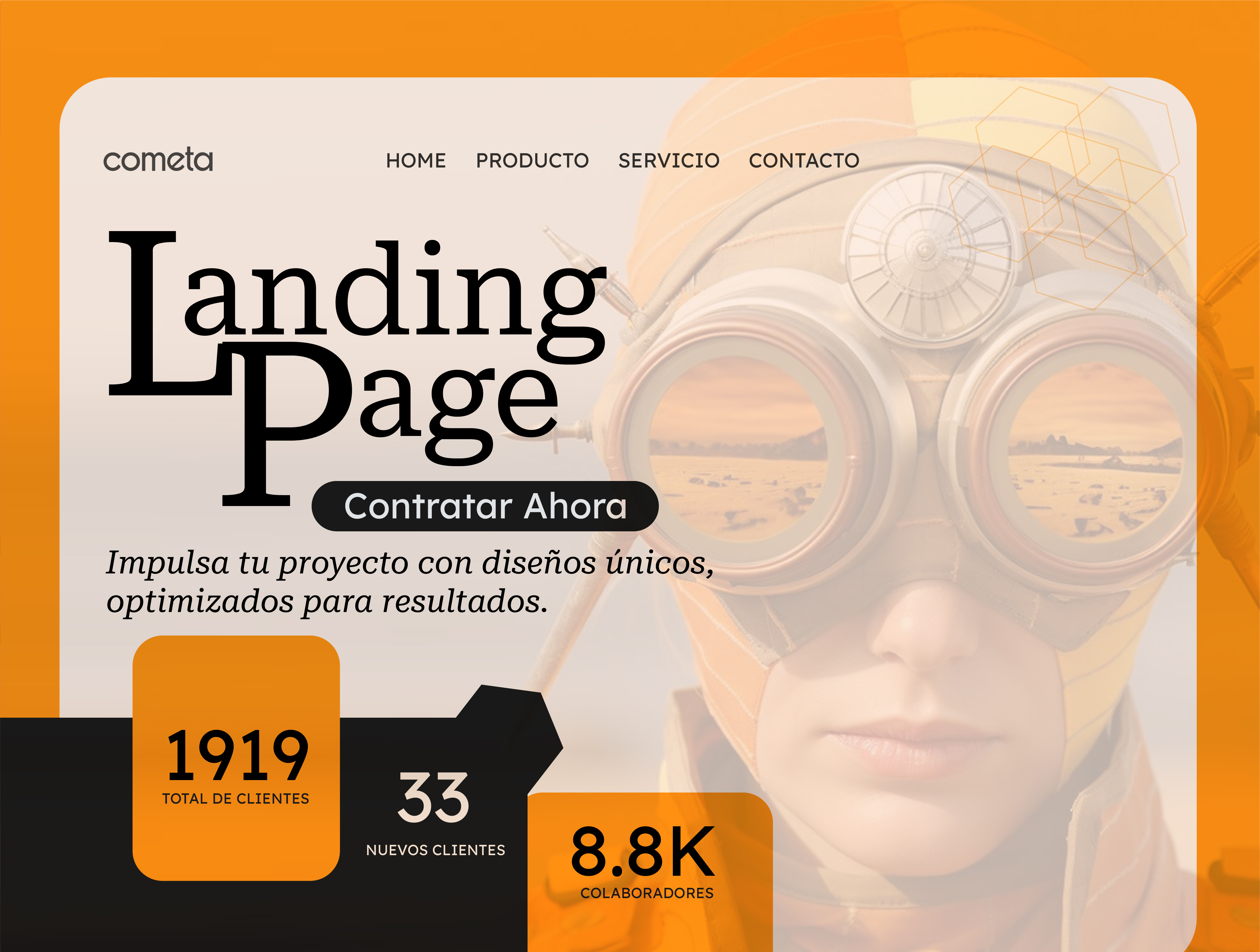 Landing page design with a person wearing steampunk goggles and orange headgear, featuring client and collaborator statistics.