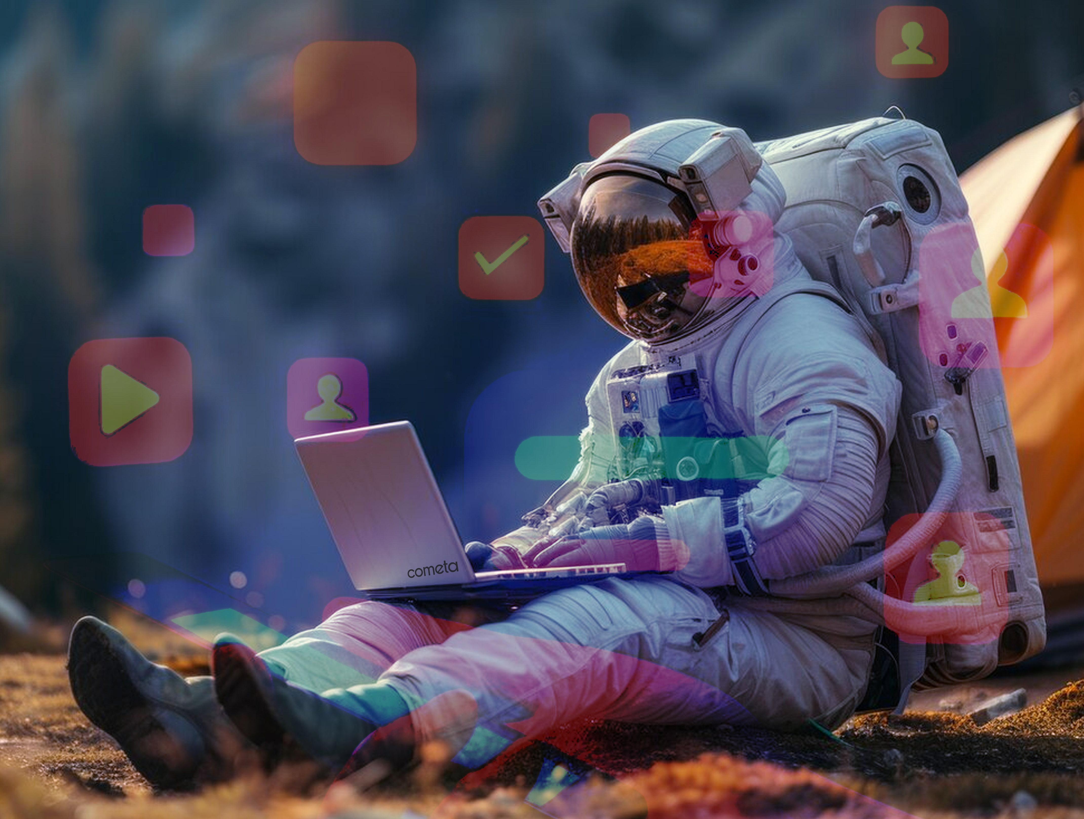 Astronaut in full suit sitting outdoors using a laptop with an orange tent in the background.