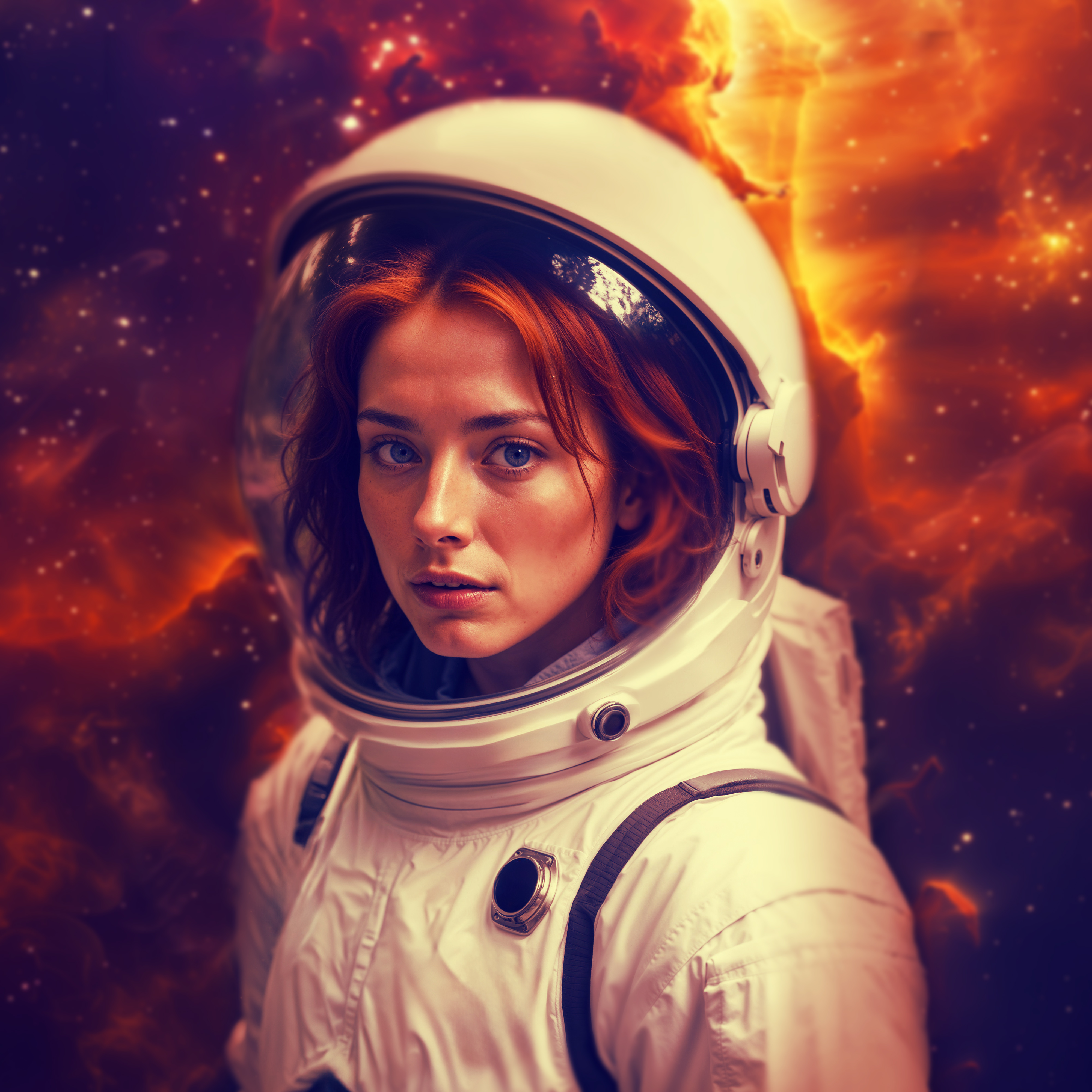 Young woman with red hair wearing a white astronaut helmet and suit against a glowing orange nebula background.